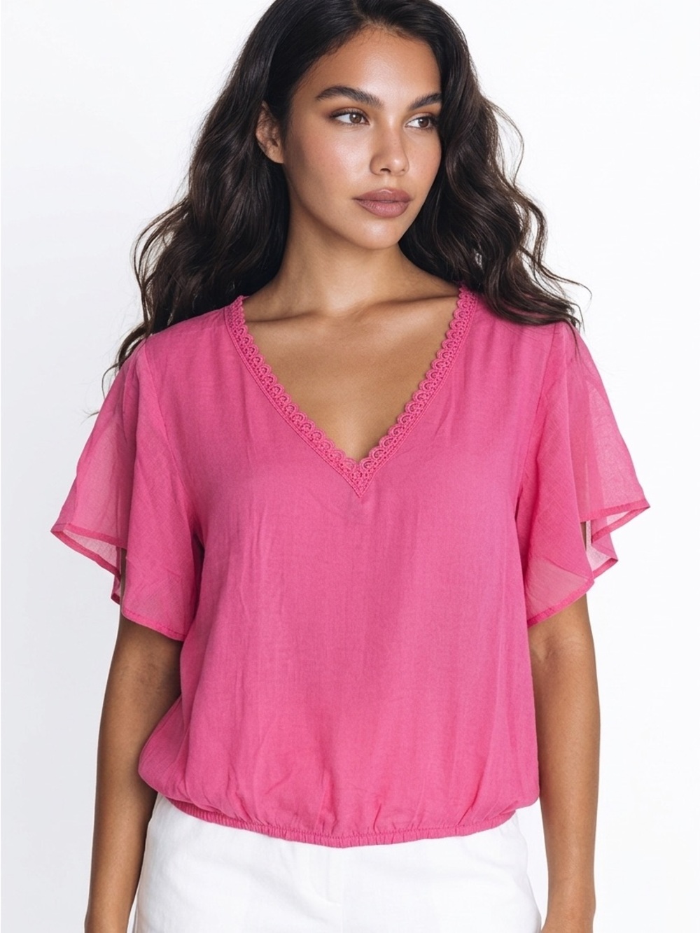 Counterparts Womens Sz XL Pink Slit Flutter Sleeve V Neck Lace Trimmed Blouse